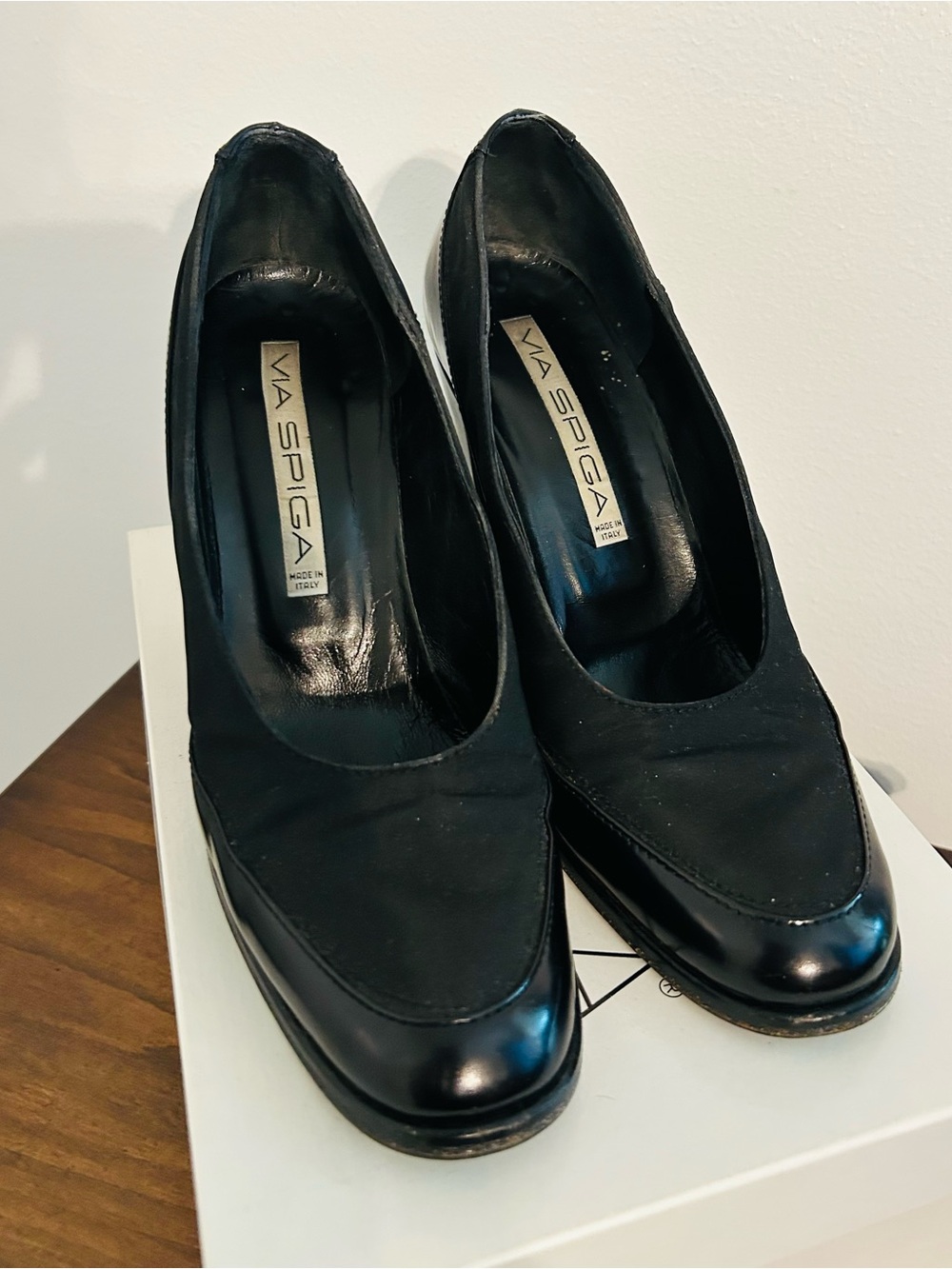Via Spiga Black Leather and Fabric Women's Heels